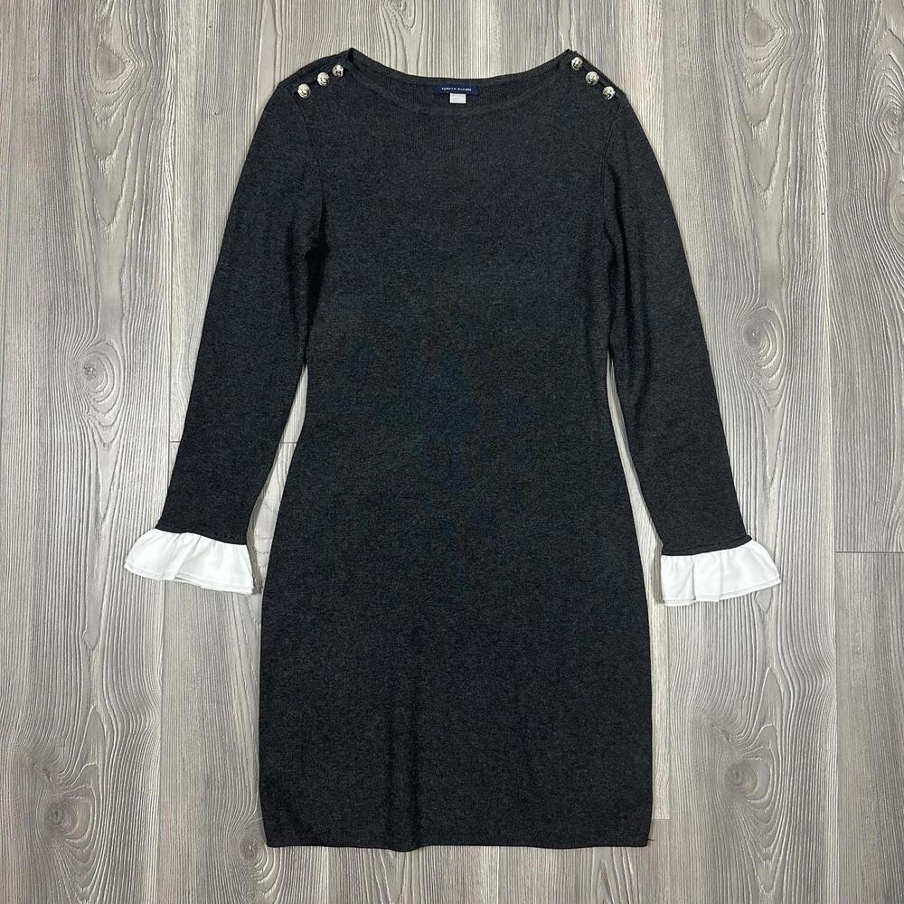 Tommy Hilfiger Women's‎ Gray Knit Long Sleeve Dress with White Ruffle Cuffs